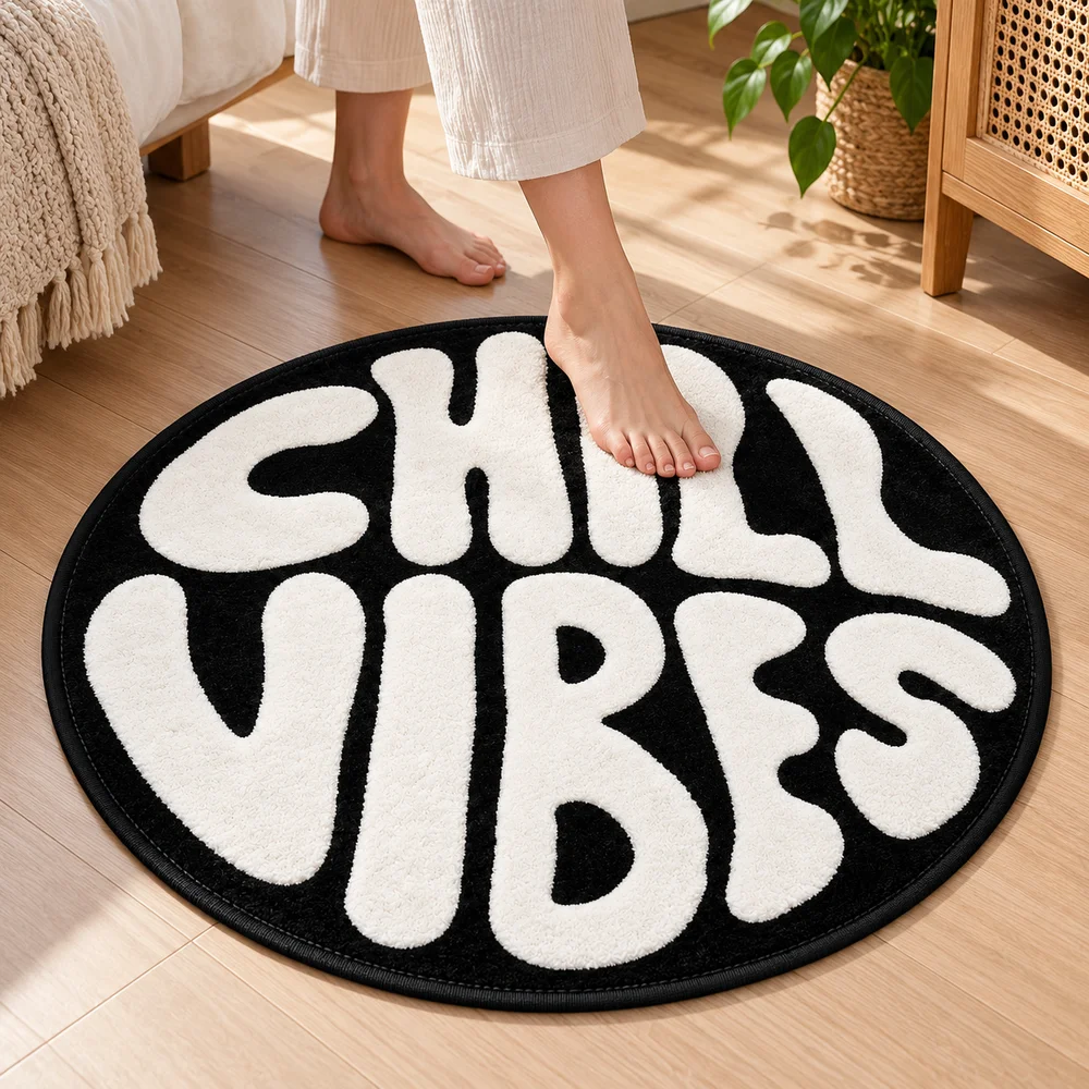 CHILL VIBES Round Floor Mat, Black and White Graphic Soft Flannel Non Slip Accent Rug for Bedroom Living Room Entryway Decor