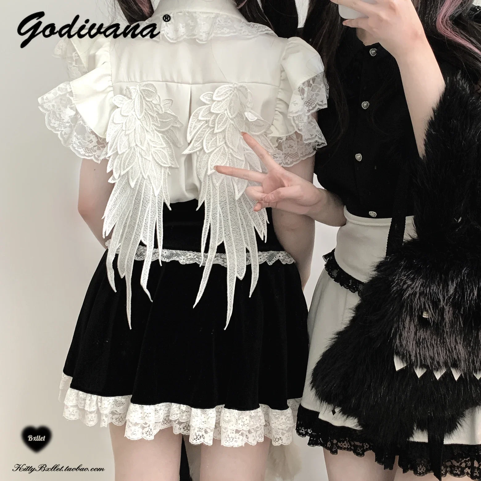 Japanese Mine Angel Wings Lace Bow Short Sleeve Black and White Shirt Sweet Blouses High Waist Jacquard Strap Long Skirt