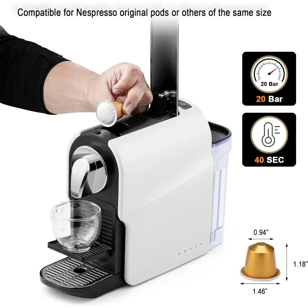 Pod Machine for Home, Compact Capsule Coffee Maker for Nespresso Original Pods, 20 Bar High Pressure Pump, Removable Water Tank