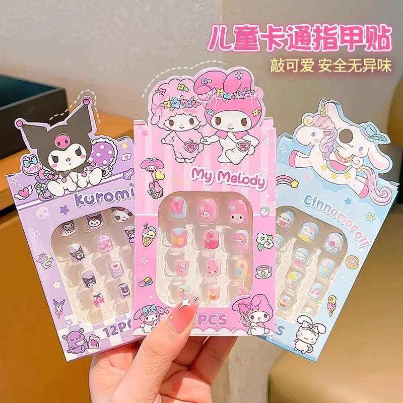 New Sanrio Children's Nail Patch Cartoon Hello Kitty Cinnamoroll Kuromi Cute Detachable Nails Sticker Girls Lovely Nail Stickers