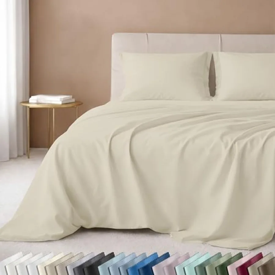 

Luxury Size Sheet Set 0% Cotton, 600 Thread Count Deep Pocket Size Bed Sheets, Sateen Weave - Cream Warm Ivory