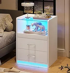 

White Nightstand with Charging Station and LED Lights, 2 Ders LED Night Stand with Tempered Glass Tabletop, ern End Side Tables