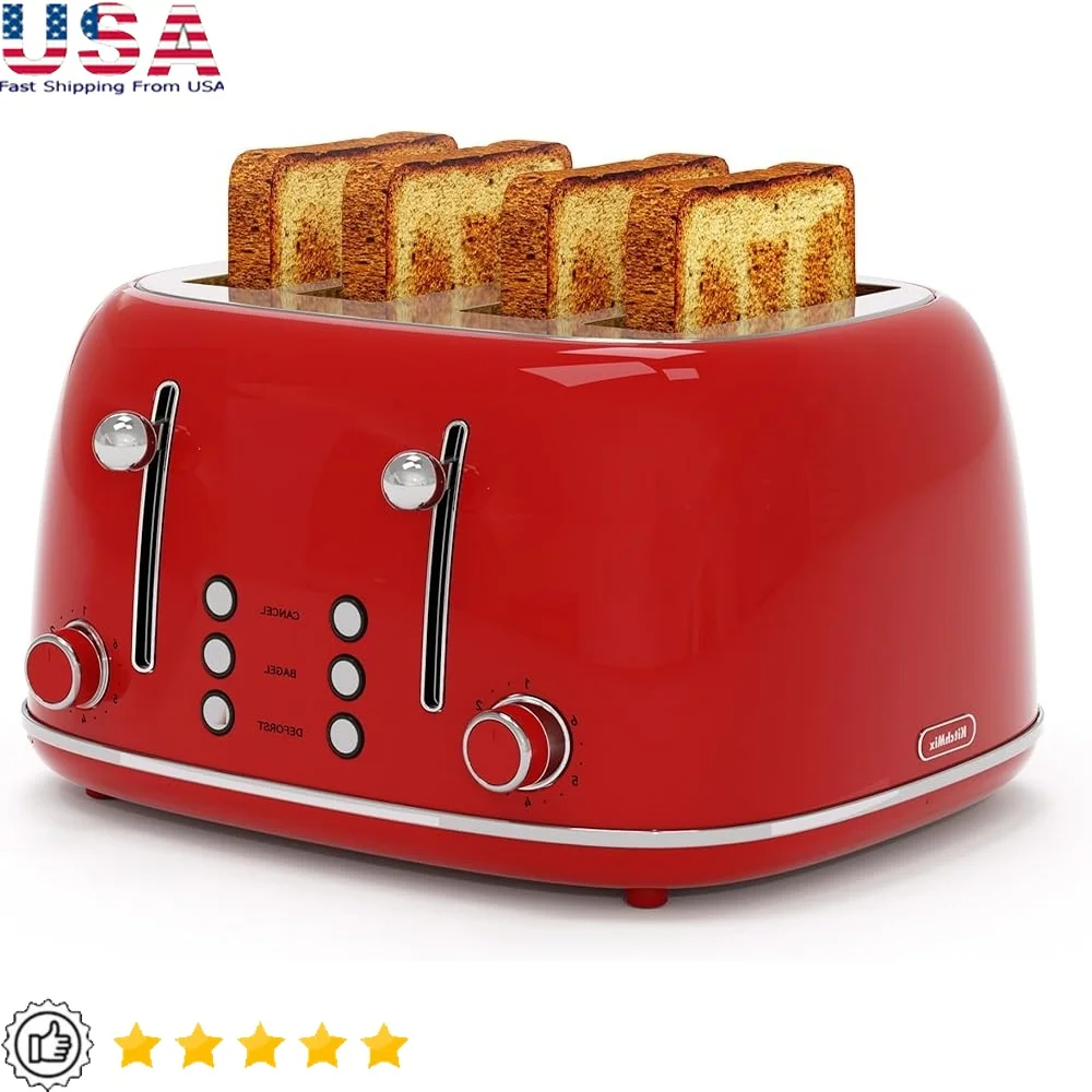 

4 Slice Toaster Retro Design Stainless Steel 1.5 Inch Slots 6 Browning Levels Dual Independent Controls Easy Clean Crumb Tray