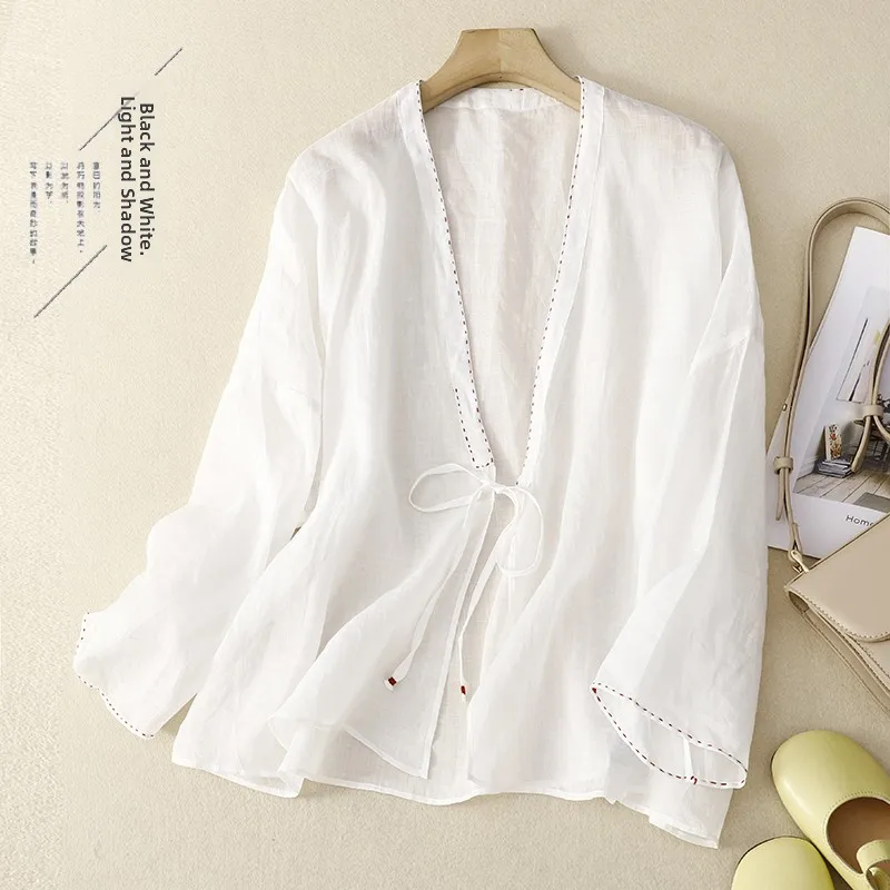 

Comfortable Summer Cotton Lyocell Blouse with V-Netie Air Conditioner Sun Protection ort Outerwear irt Women's Faion