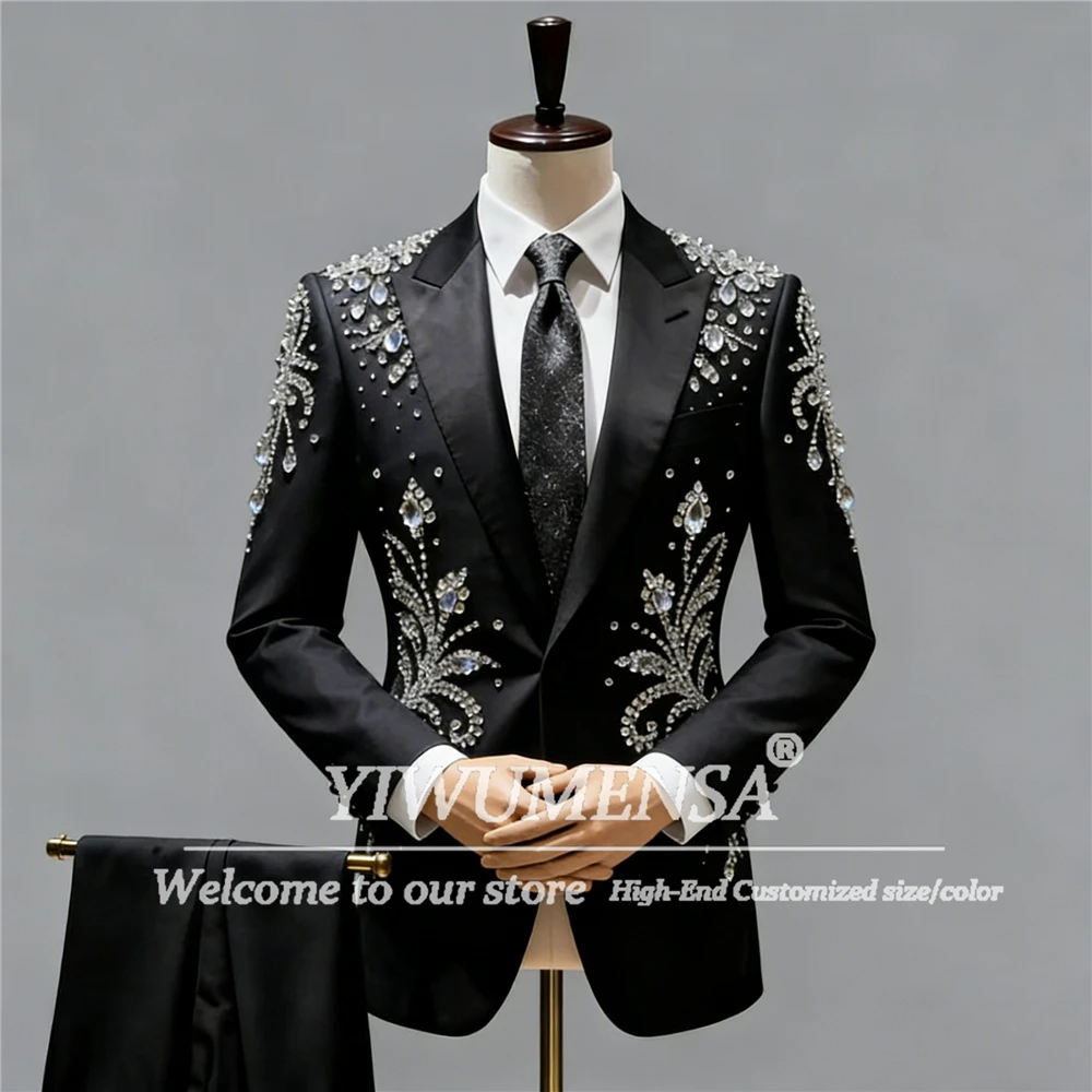 Luksusowy garnitur z diamentowymi zdobieniami dla mężczyzn, biżuteria, smoking dla pana młodego, na wesele, szyty na miarę, marynarka i spodnie, 2-częściowy zestaw, Trajes Para Hombre