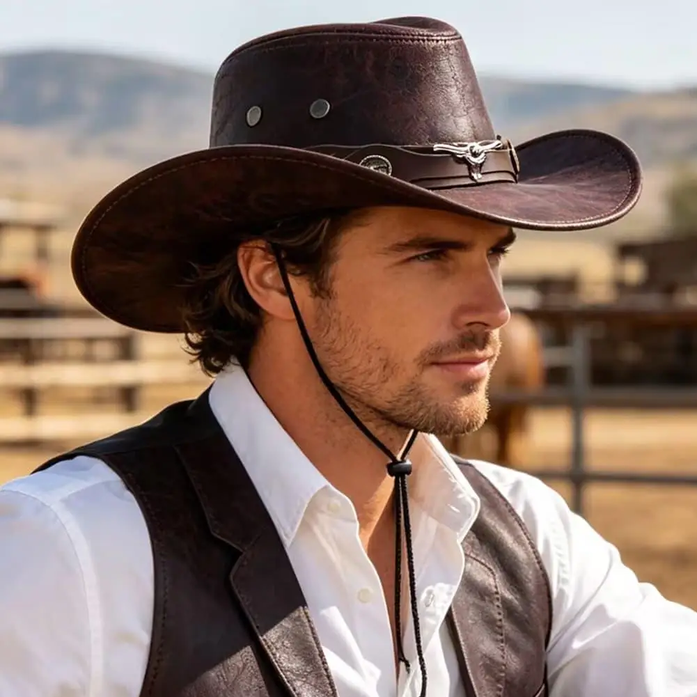 Retro Leather Western Cowboy Hat Exquisite Bull Belt Rivet Decoration Large-brimmed Sunshade Fashion Outdoor Travel Fishing Hat