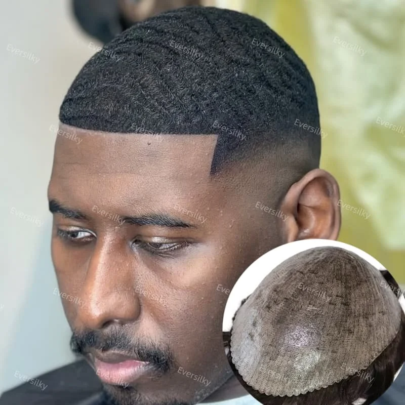 10 مللي متر 360 موجة عميقة الرجال الأمريكيين من أصل أفريقي الشعر المستعار 0.1-0.12 مللي متر Microskin كامل بو قاعدة شعر مستعار للرجال 100% شعر بشري هندي اصطناعي شعر مستعار #1