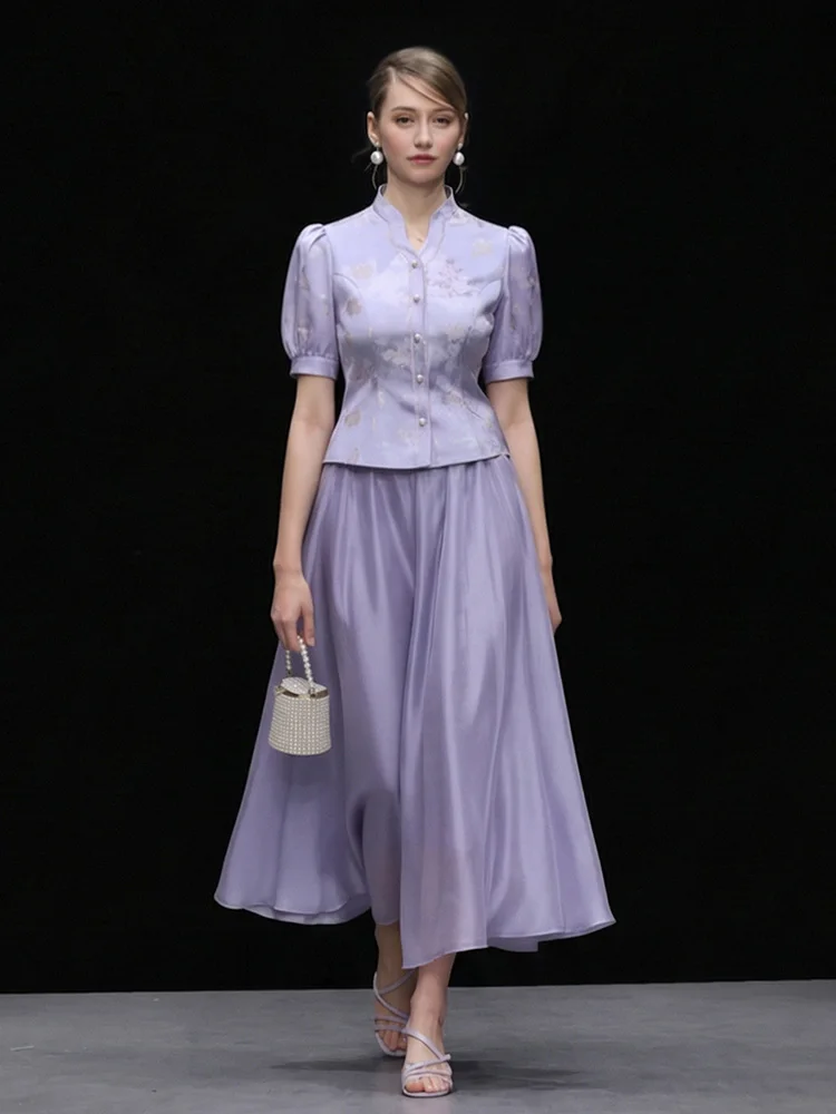 

Summer 2026 New Chinese Style V-neck Short Sleeve Embroidered Top Waist-cinched A-line Half-length Skirt Ensemble