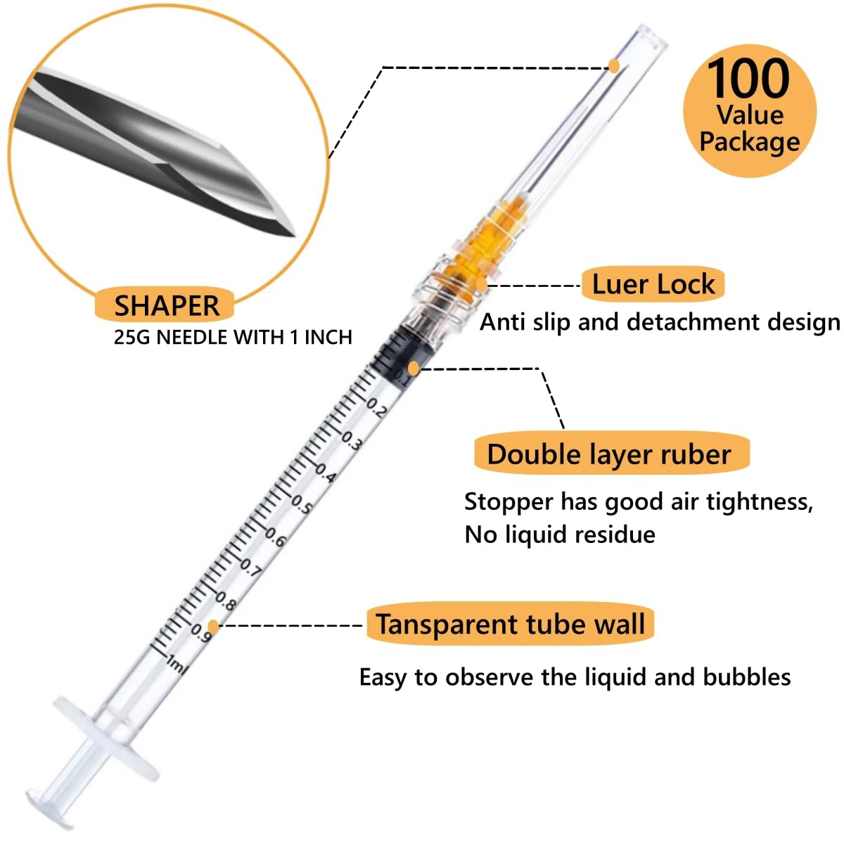 100pcs 1ml/cc Luer Lock Syringe With 25G 1inch Needle, Sterile Individually Package for Scientific Labs, Industrial Adhesives
