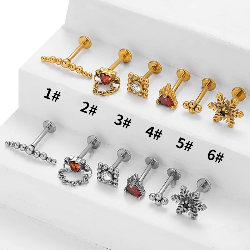 1PC Surgical Steel Red Labret Snow Crystal Cluster Helix Tragus Cartilage Flat Base Ear Studs Piercing Jewelry 16G