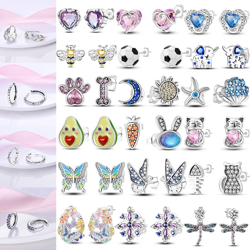 

925 Silver Heart Shape Hoop Earrings Original Moon Snowflake Stud Earrings for Women Gift Wedding Party Silver Fashion Jewelry