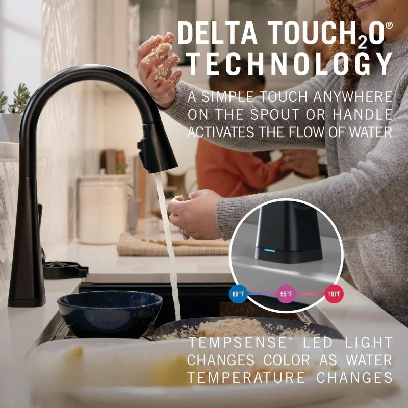 Lenta-Matte Black Touch Faucet com Pull-down Pulverizador, Torneira De Pia, Torneiras De Toque