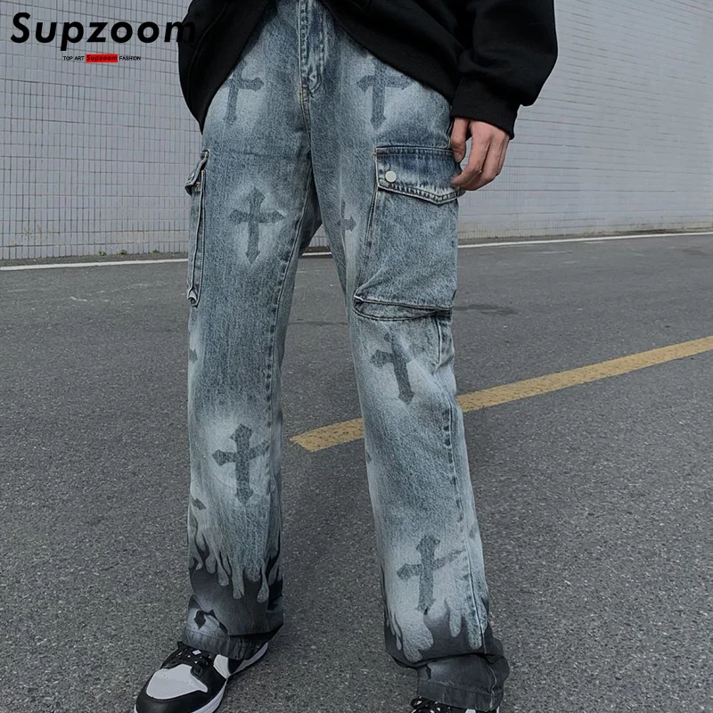 Supzoom 2025 New Arrival Hot Sale Top Fashion Autumn Zipper Fly Stonewashed Casual Cargo Denim Pockets Cotton Jeans Men