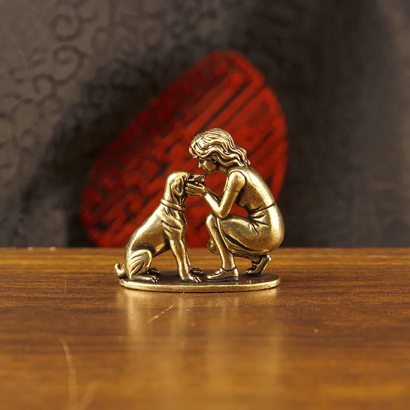 2/1 Piece Set of Girl and Dog Figurines, Creative Character Brass Model Ornaments, Desktop Decorative Copper Crafts