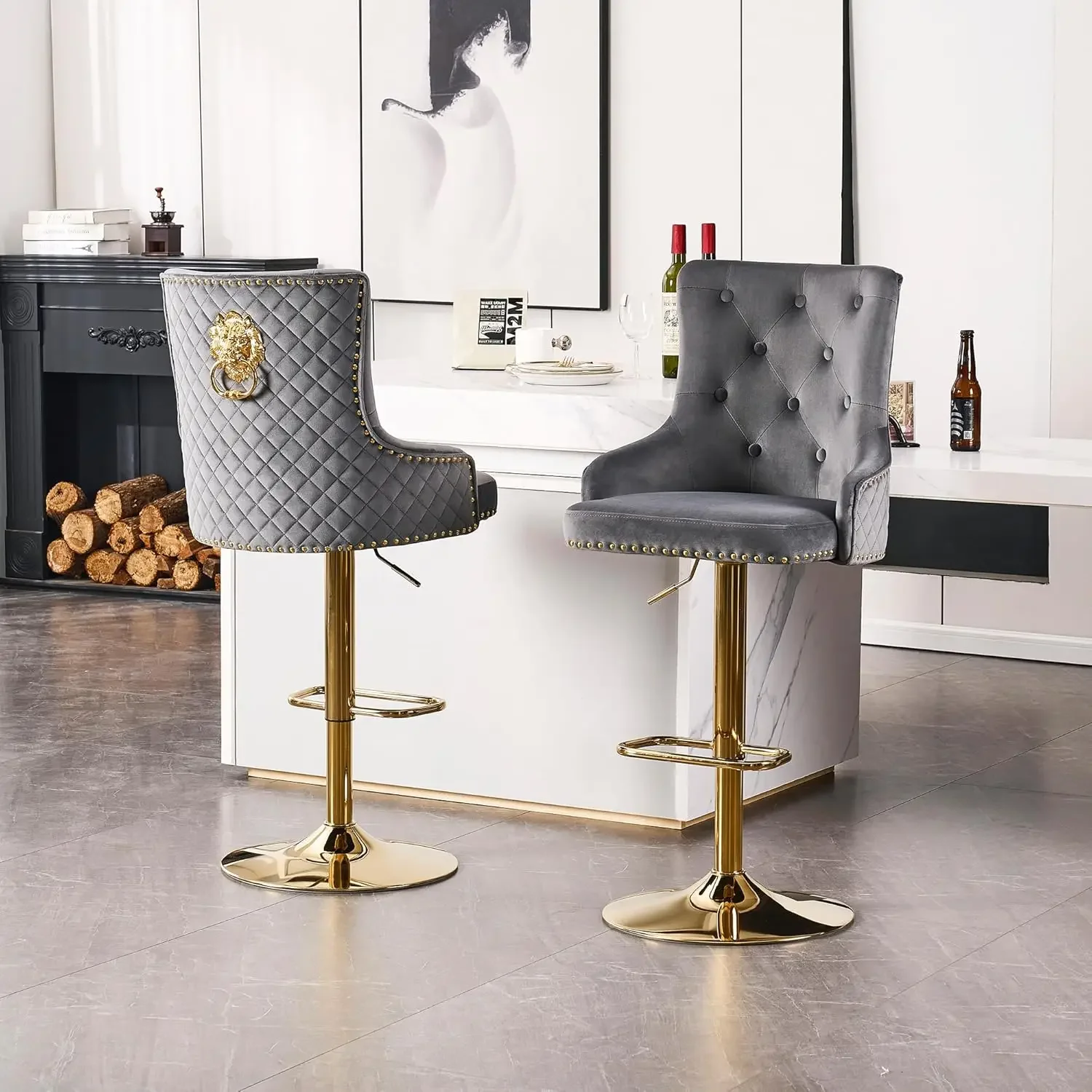 Velvet Gold Barstools Set of 2,Modern Counter Height Adjustable Swivel Stools Chairs with High Tufted Backrest Golden Base Lion