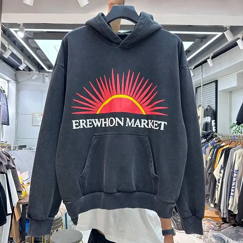 

American Hip Hop Retro Loose Sweatshirt High Quality Sunrise Print Hoodie High Street Comfort Pullover Men Women Same Style