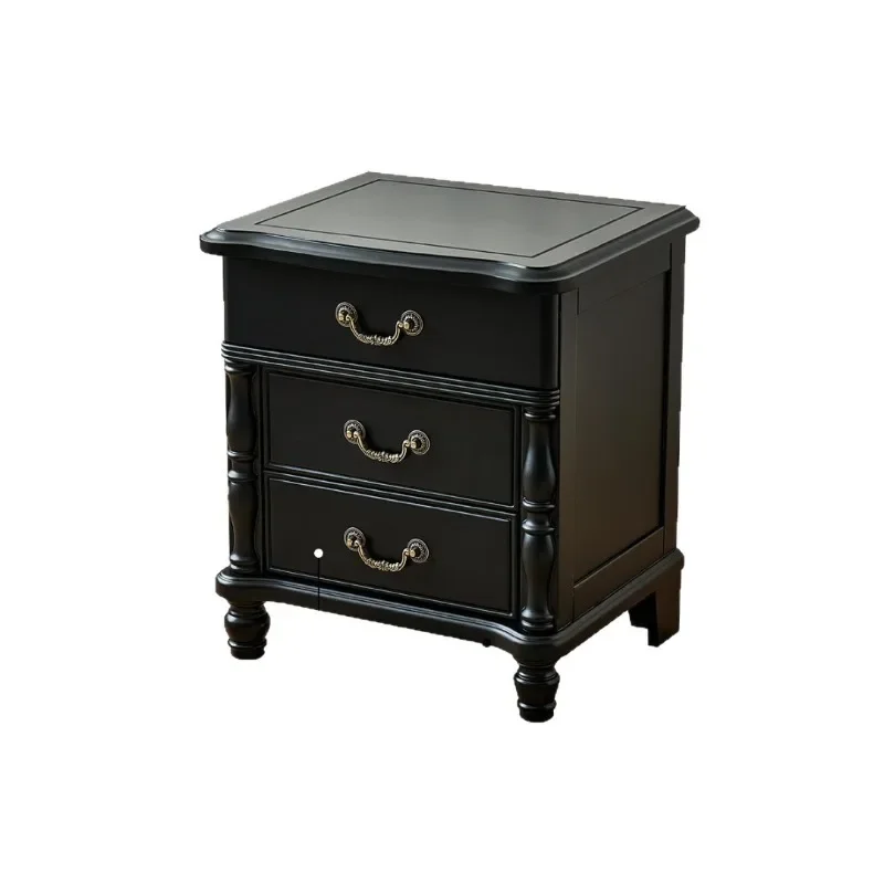 American Solid Wood Bedside Table, American Country Walnut Log Bedside Table, Vintage Bedroom Three Drawer Storage Cabinet