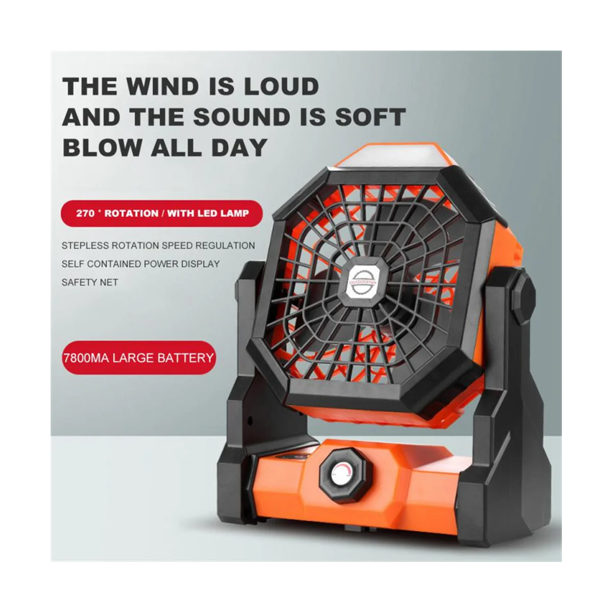 LEDライト付きポータブルキャンプファン、充電式バッテリー駆動、LEDナイトライト付き屋外テントファン、オレンジ、7800mah