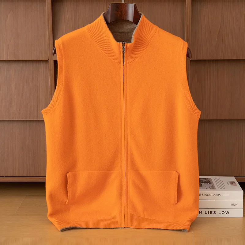 

Мужской двусторонний жилет на молнии с полувысоким воротником, свитер из 100% чистой шерсти, повседневный топ без рукавов, осенне-зимний толстый кардиган