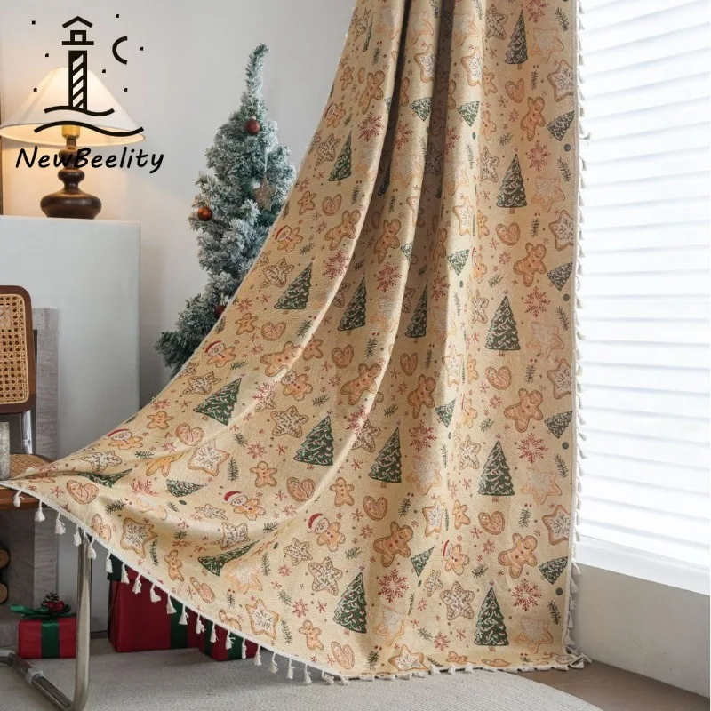 Christmas Gingerbread Man Jacquard Christmas Tree Curtains for Living Dining Room Bedroom Kitchen Window Half-blocking Decor
