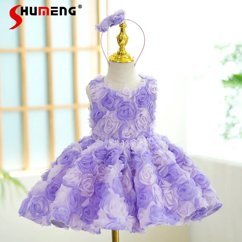 

Элегантное фиолетовое вечернее платье для девочек, нарядное платье с цветочным узором для выступлений на фортепиано, детское модное платье для показов и банкетов