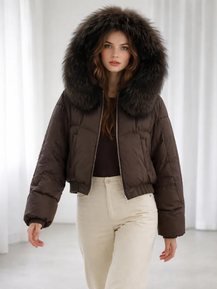 ONEXWEN Black Women Short Down Jacket Oversized Fluffy Fur Hood Loose Quilted Design Ribbed Bottom Warm Winter Ladies Coat RU87