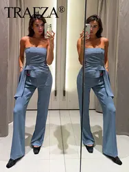 TRAFZA 2024 Women Asymmetric Folds Side Zip Design Casual Short Vest Top+Pockets High Waist Solid Wide Leg Pants 2 Piece Set