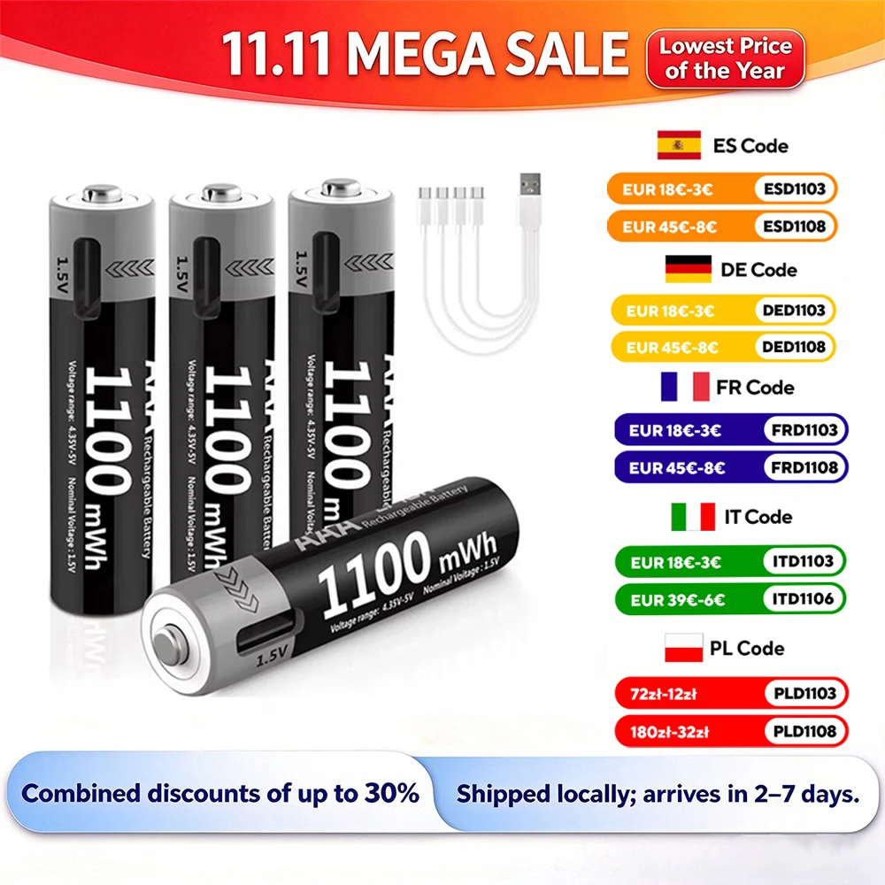 Kuugro USB AAA Li-ion Rechargeable Battery Aaa 1.5V 1100mWh Lithium Batteries with 4-in-1 USB Cable for Toys Camera Flashlight