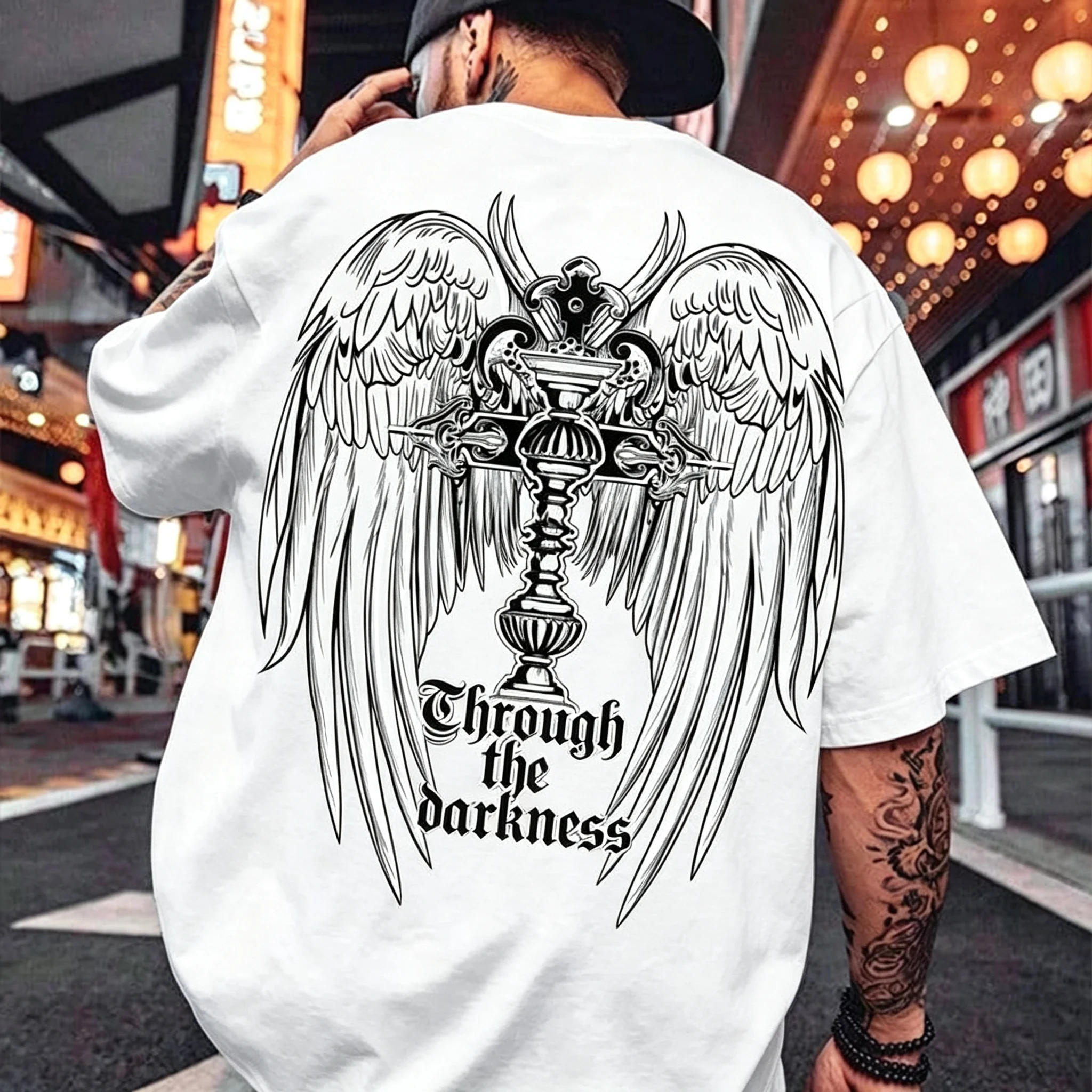 2026 New Y2k Parent‑Child Matching Oversized T‑Shirt Unisex Gothic Angel Wing Cross Vintage Script Graphic Print Streetwear Tops
