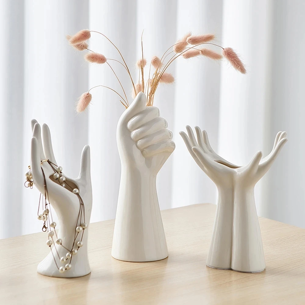 

Modern Art Vases White Ceramic Hand Vase for Hydroponic Flower Arrangement Desktop Decoration Home Decor Living Room Decoration