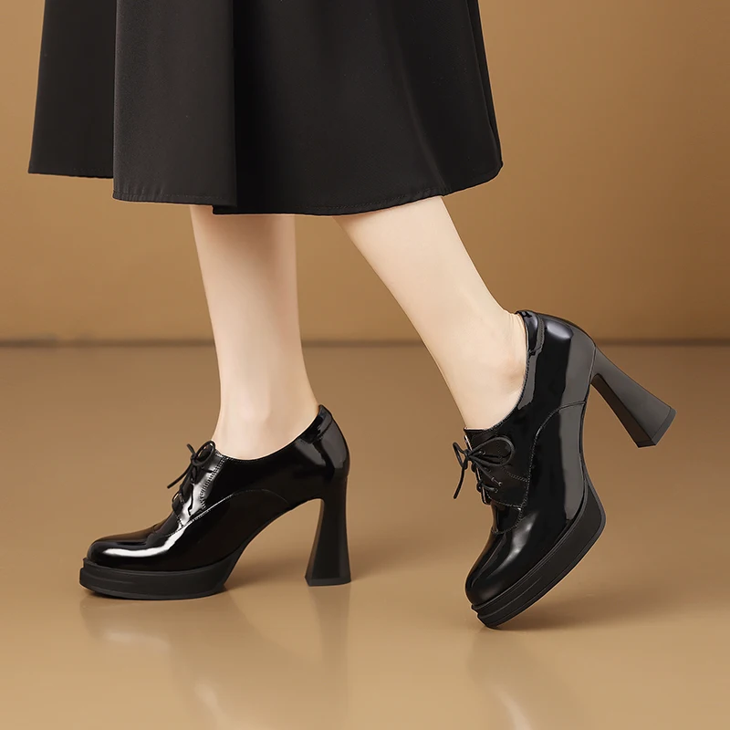 

Genuine Leather Platform High Heel Lace-Up Chunky Heel Deep Mouth Oxford Shoes British Style for Women