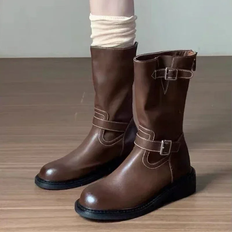 

Designer Women Shoes 2024 Autumn Winter New Platform Women's Boots Classic Round Toe Brown Boots British Ladies Mid-calf Boots