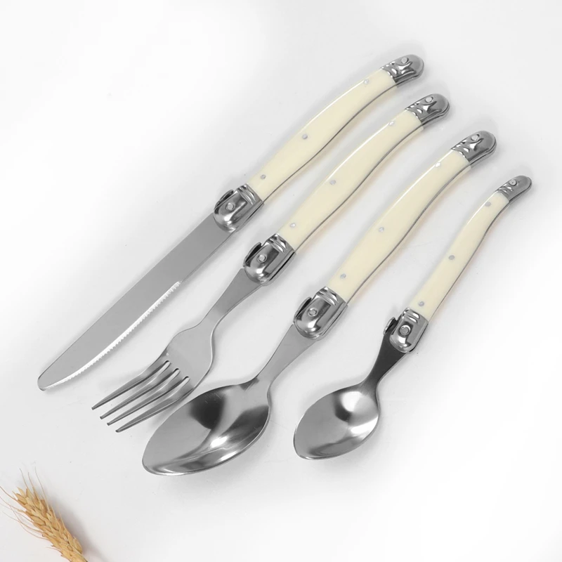 

4Pcs Stainless Steel Tableware Set Silver Fork Steak Knife Teaspoon White Rivet Handle Cutlery Western Dinnerware