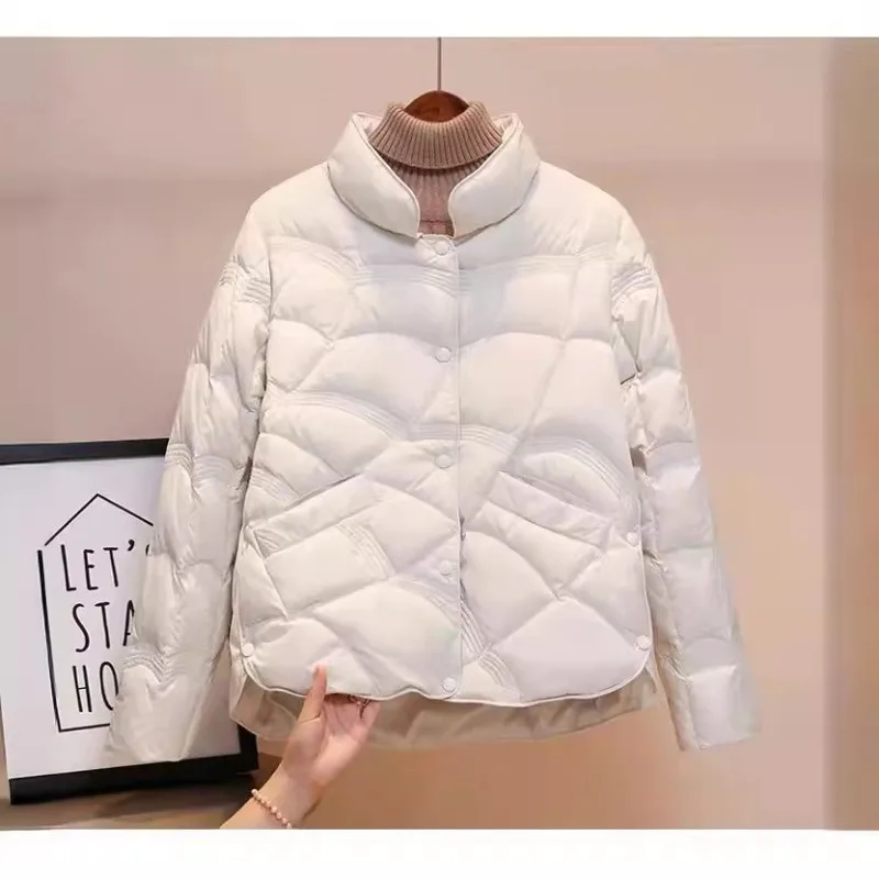 Chaqueta de plumón para mujer, abrigo corto acolchado cálido con cuello levantado, abrigo ligero fino de plumón de pato blanco a la moda, Top de otoño e invierno