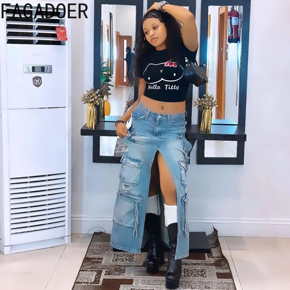 FAGADOER Fashion Trend Streetwear Women High Waisted Pocket Slit Pocket Cargo Denim Skirts Female Hole Matching Cowboy Bottoms