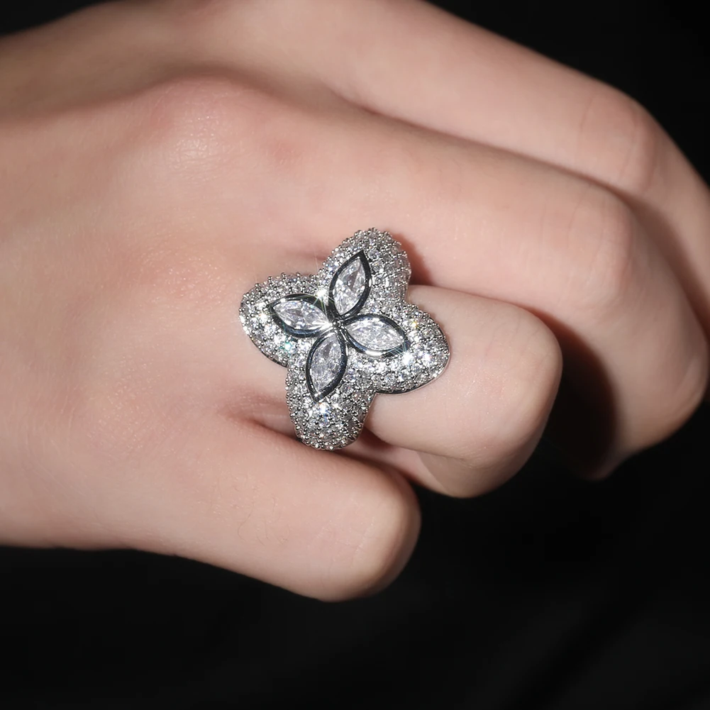 THE BLING KING Clover Flower Rings Micro Paved Out Green Cubic Zirconia Punk Ring Hiphop Jewelry For Men Women Party Gift
