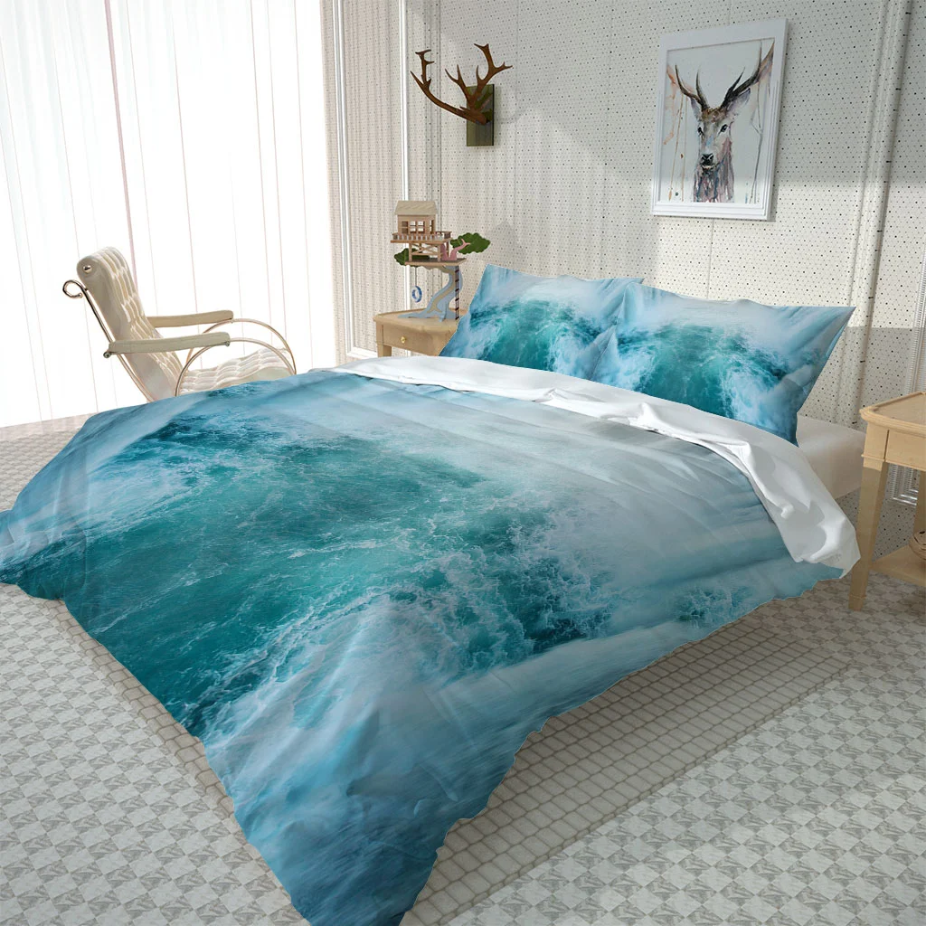 HUANZHUANG Comfortable Bedding Blue Waterfall River King Queen Double Full Twin Single Size Bed Linen Set Zipper Closure Ultra S