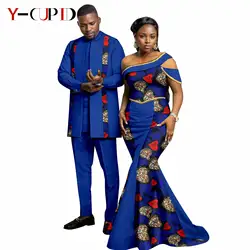 African Print Mermaid Dresses for Women Matching Couple Outfits Men Clothes Dashiki 3 Pieces Vest Top Shirt and Pant Sets 24C049