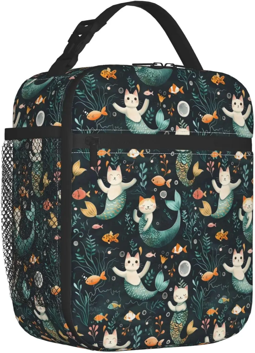 Reusable Mermaid Cat Lunch Box for Kids Adult Insulated Cute Lunch Bag Polyester Cooler Underwater Handbags Case