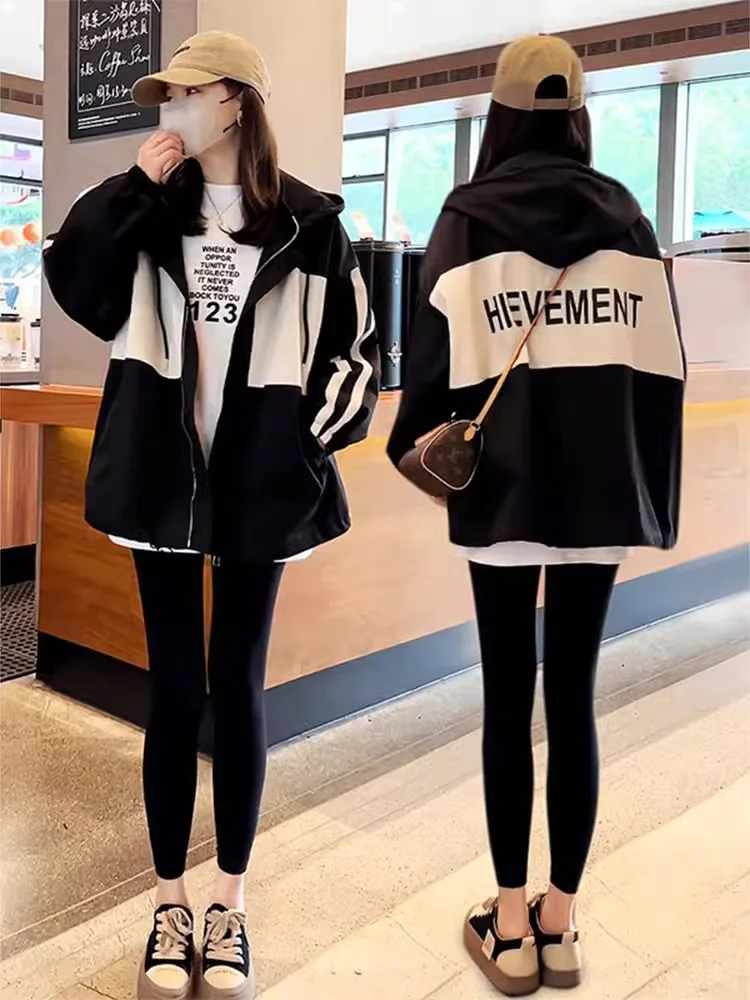 Jaqueta de Trabalho com Capuz em Patchwork Colorido para Mulheres, Moda Primavera Outono, Estilo Casual, Ajuste Solto com Zíper...