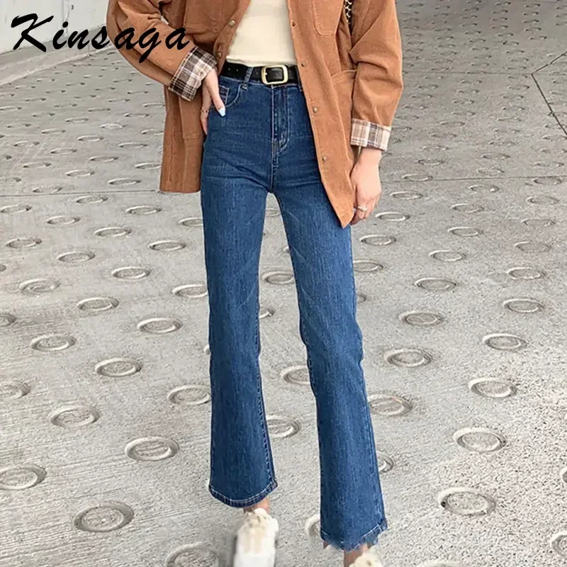 Kinsaga Korean Fashion Blue Boot Cut Jeans Women High Waist Slim Cigarette Pants Pear Shape Micro Bell Bottom Trousers 150cm