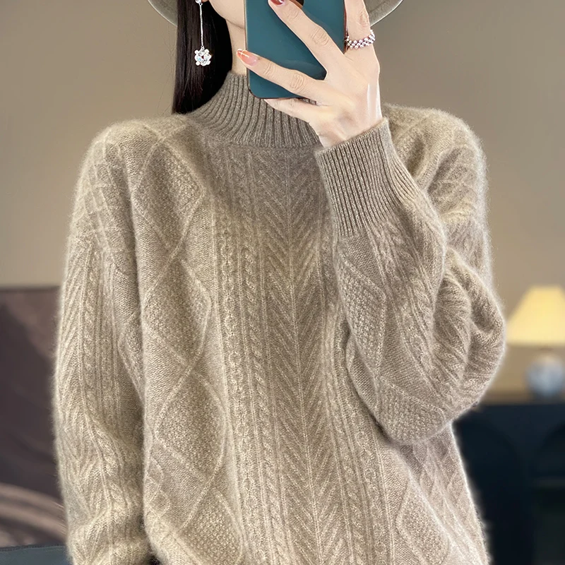 Autumn and Winter Pure Cashmere Sweater Women's Half Turtleneck Lozenge Top Commuter Jumper With Slim-fit Wool Knit Base