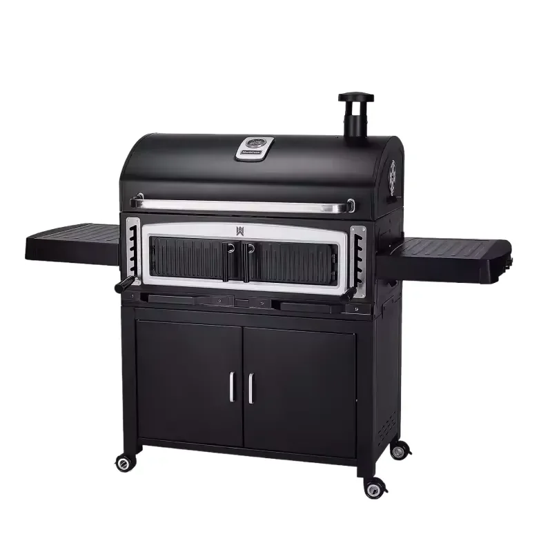 Heavy Duty Cast Iron Charcoal Grill with Trolley and Storage Cabinets Portable Outdoor BBQ Mesh Grate for Garden Camping