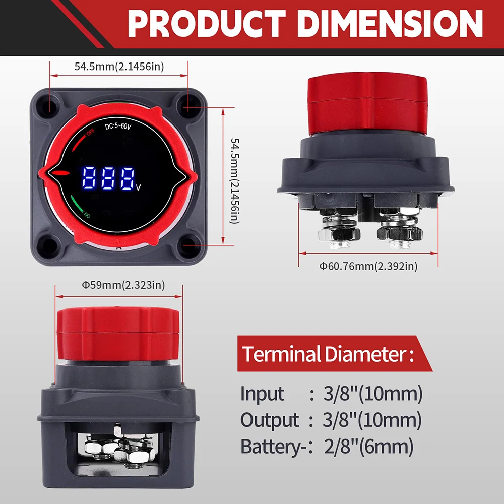 Battery Disconnect Switch with Voltmeter, DC 5-60V Master Isolator CutShut Off for Marine Boat Car Truck Camper RV (OnOff)