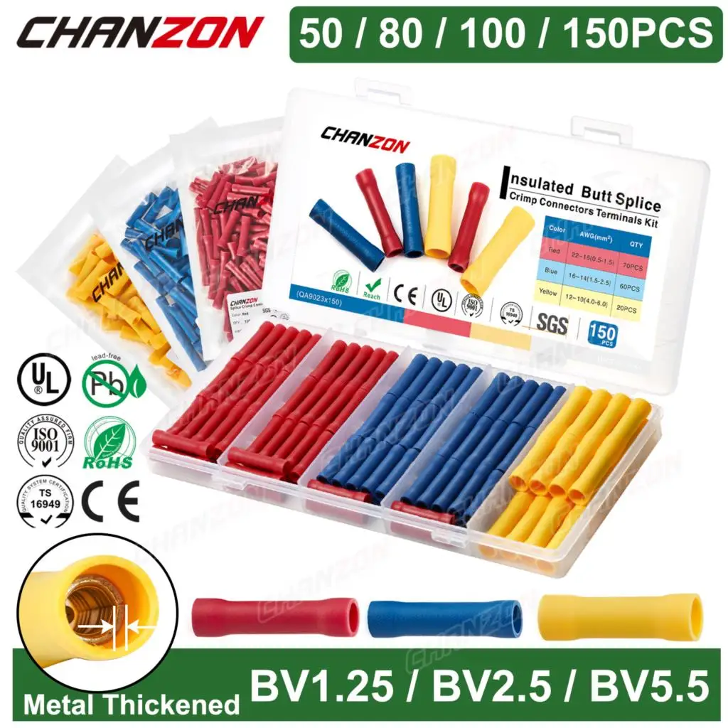 50-150PCS Bv1.25 Bv2.5 Bv5.5 Insulated Wire Joint Butt Connector Kit Pvc Cord Electrical Cable Wirefy Splice Crimp Terminal Tool