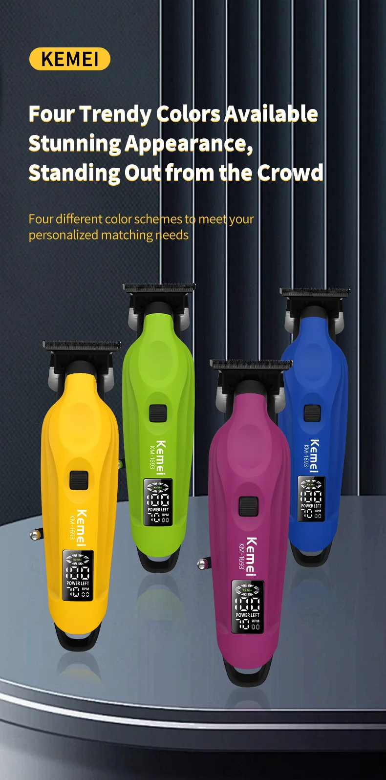 Kemei 1693, professioneller Haarschneider für Herren, kabelloser, per USB wiederaufladbarer elektrischer Haarschneider mit LCD-Display, abwaschbare Klingen. – Detail 7