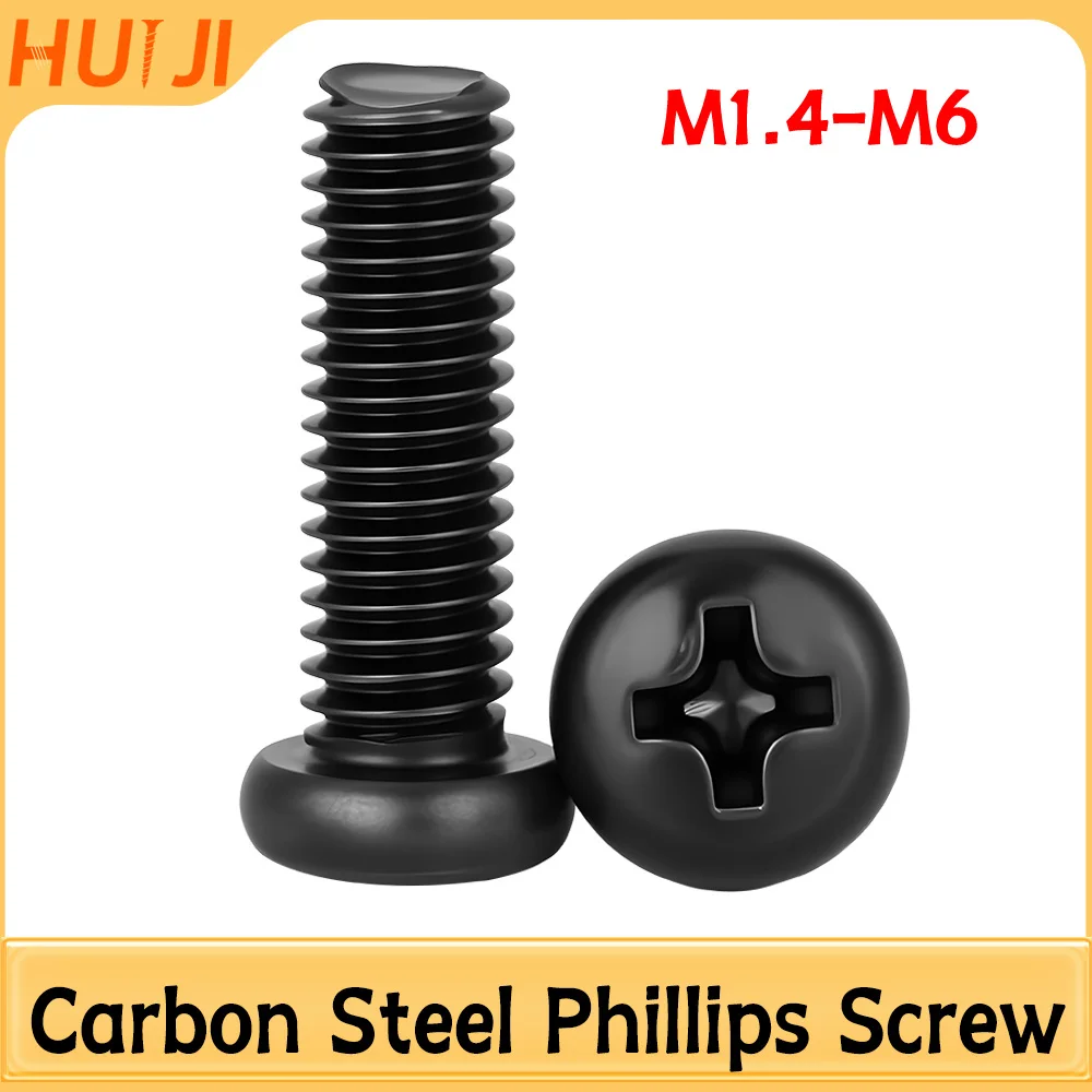 M1.4-M6 Black Carbon Steel Phillips Screw Round Cross Pan Head Bolts Small Micro Eyeglass Watch Computer Metric Threaded Screws