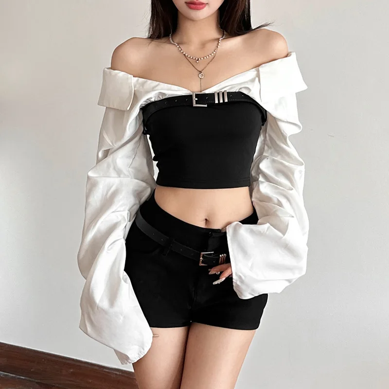 Seksowny top damski z odkrytymi ramionami, w kolorze blokowym, z podkreśloną talią i odkrytym pępkiem, cienki, dzianinowy na jesień.