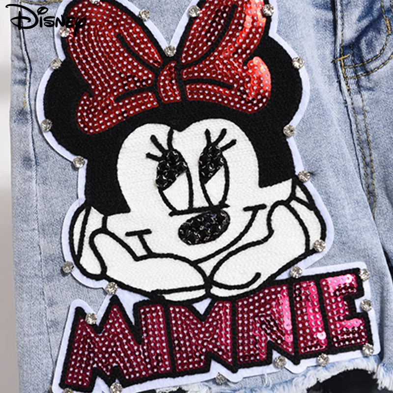 Disney New Arrival Top Fashion Cotton Women Embroidery Beading Mickey Mouse Female Summer Big Irregular Flash High Waist Short