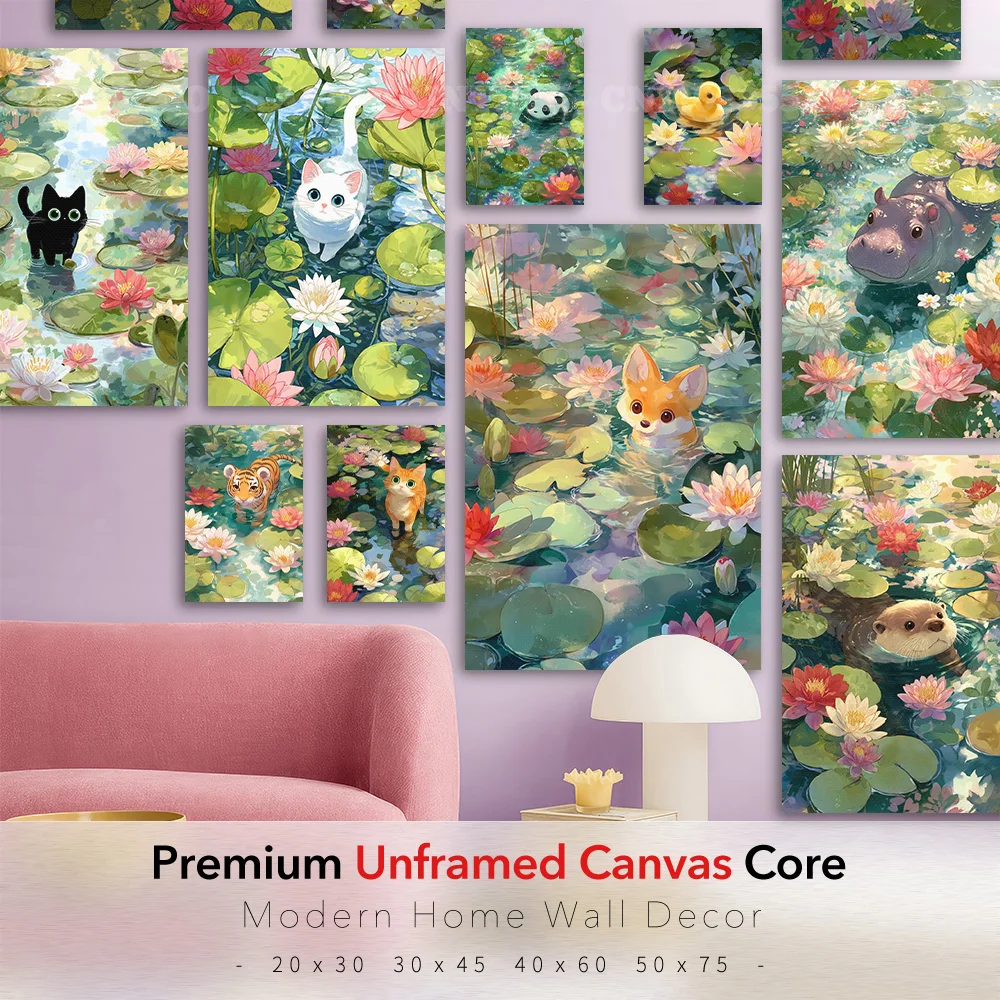 Watercolor Cute Animal Canvas Poster Lotus Pond Wall Art Cat Panda Duck Deer Print Modern Living Room Bedroom Home Decor Gift